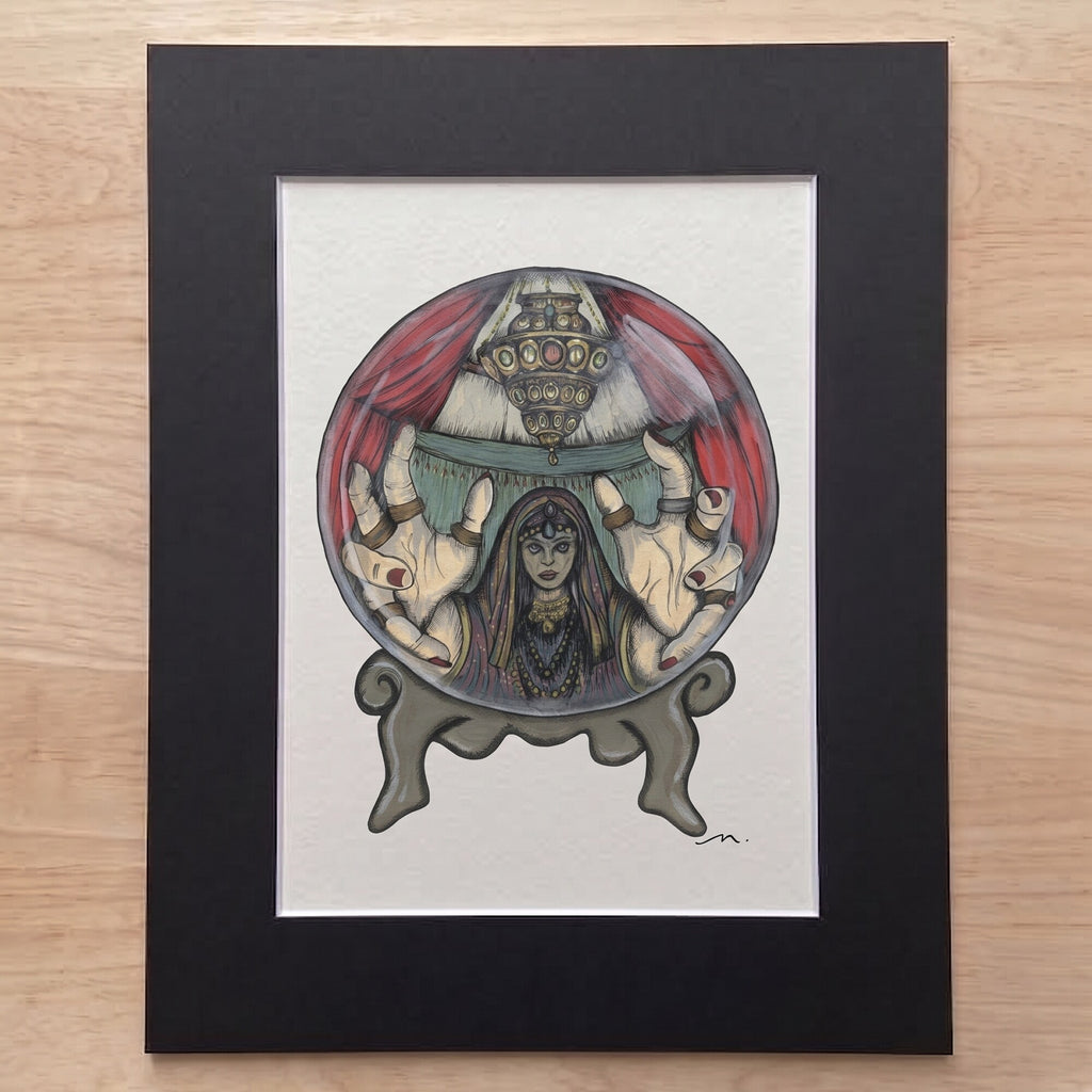 The Fortune Teller giclée print in its black mat, ready for a standard frame