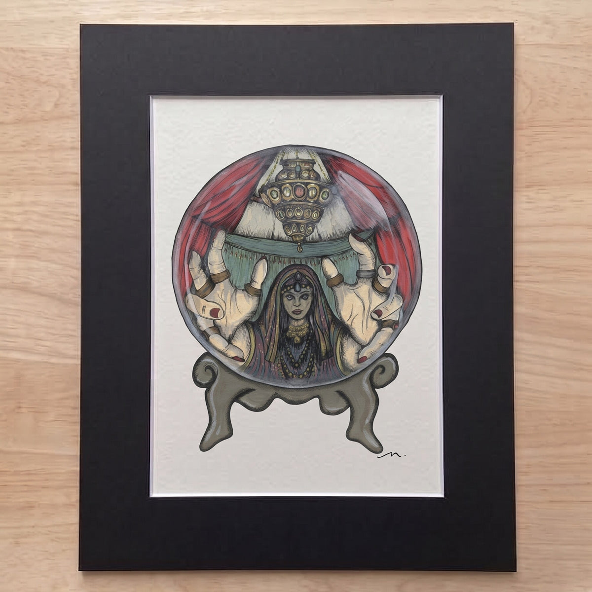 The Fortune Teller giclée print in its black mat, ready for a standard frame