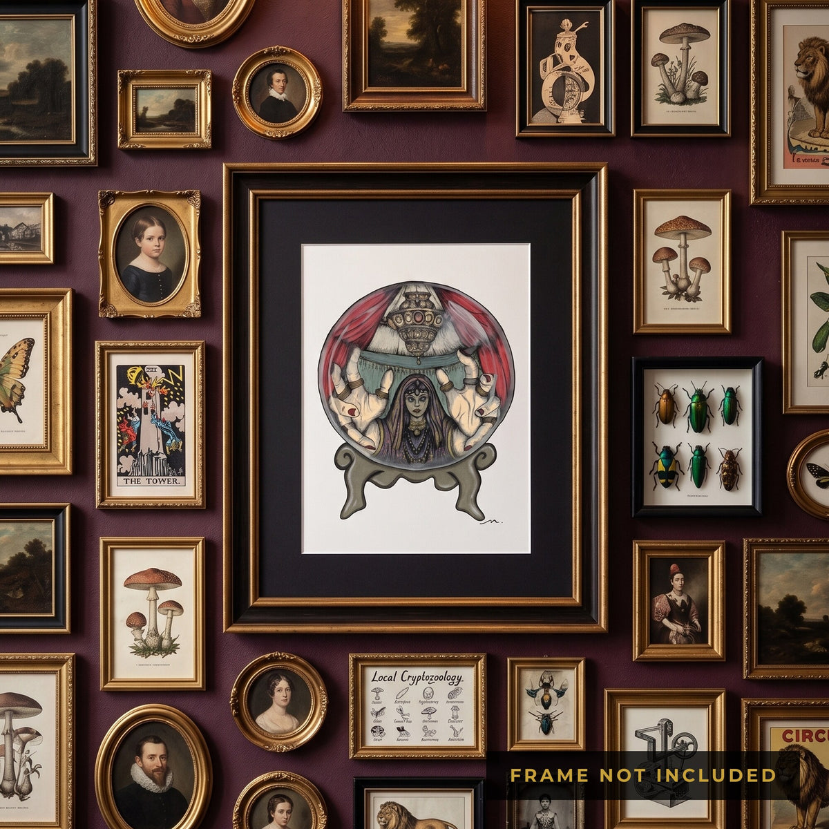 The Fortune Teller print framed on a cabinet-of-curiosities gallery wall