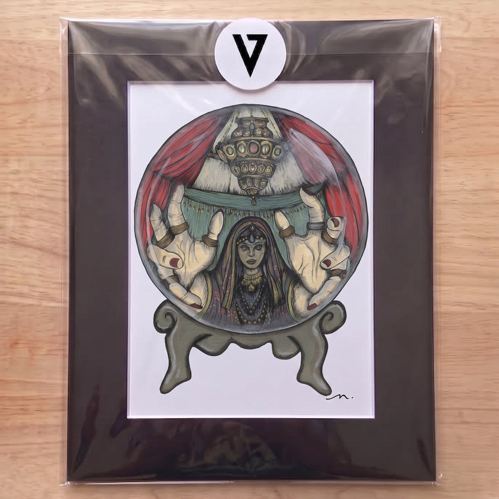 The matted Fortune Teller print sealed in a clear sleeve with the Veins of Ink sticker