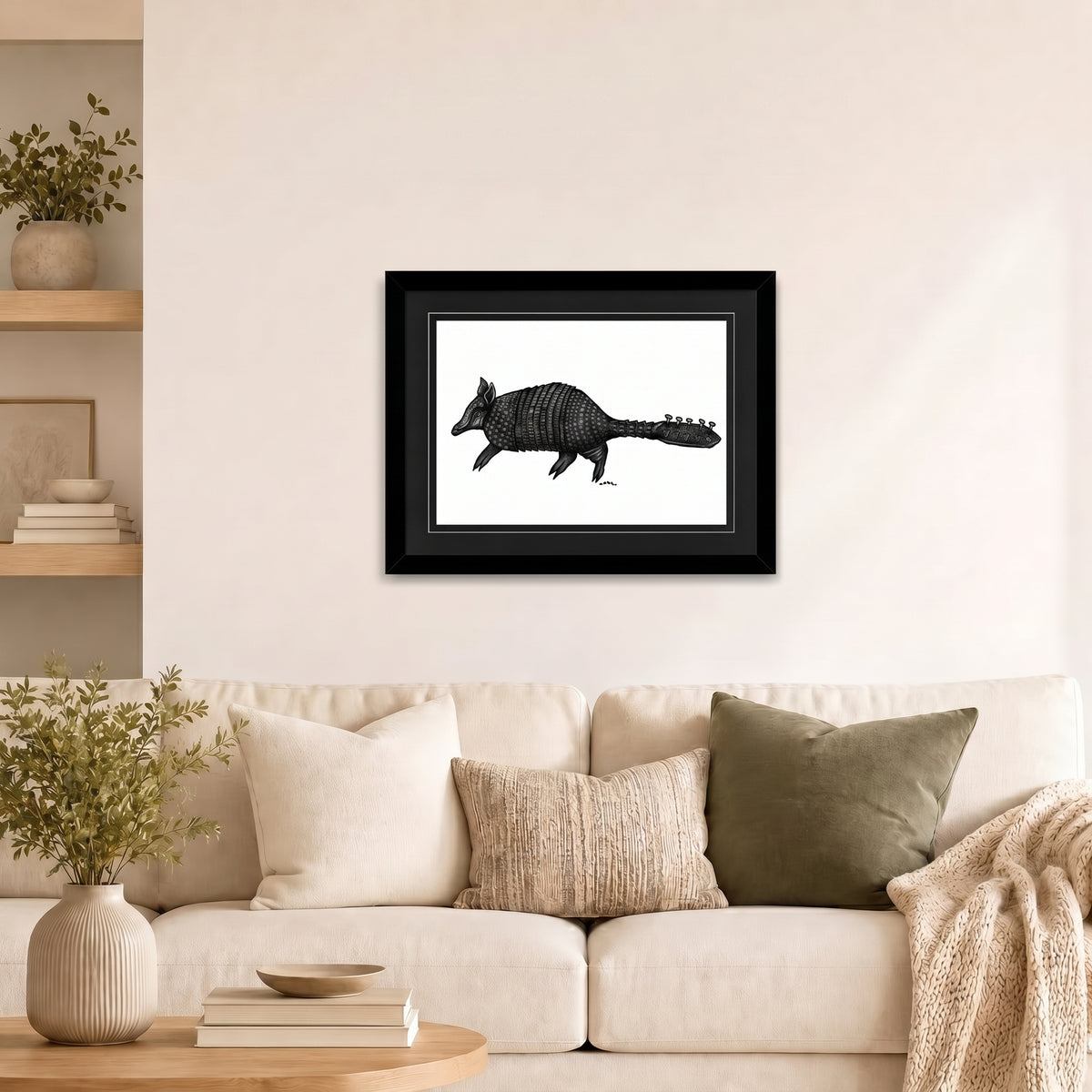 Stringadilllo framed in black and displayed in a living room — signed Giclée print by Maria Keller