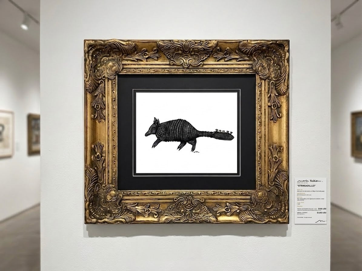 Stringadilllo framed and displayed on a gallery wall — signed Giclée print by Maria Keller
