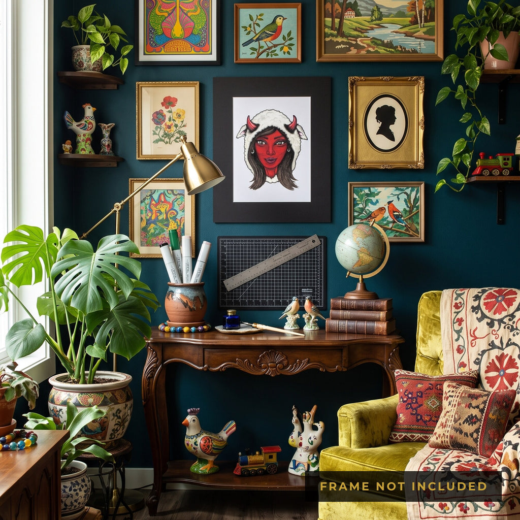 The Mama Shilli print framed on a gallery wall above a writing desk
