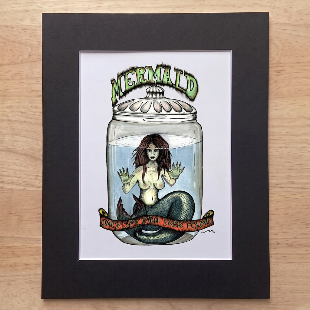 The Fiji Mermaid giclée print in its black mat, ready for a standard frame