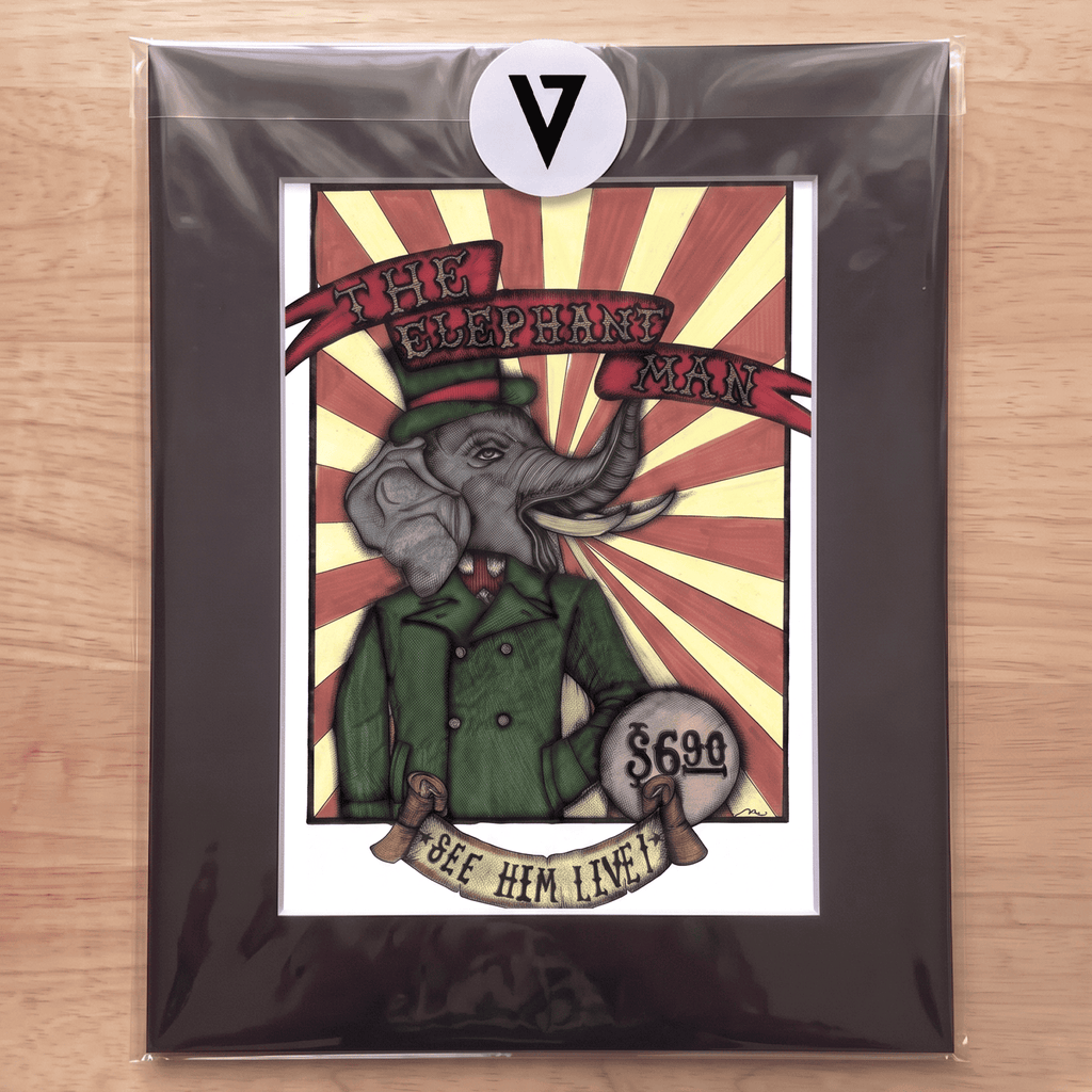The matted Elephant Man print sealed in a clear sleeve with the Veins of Ink sticker