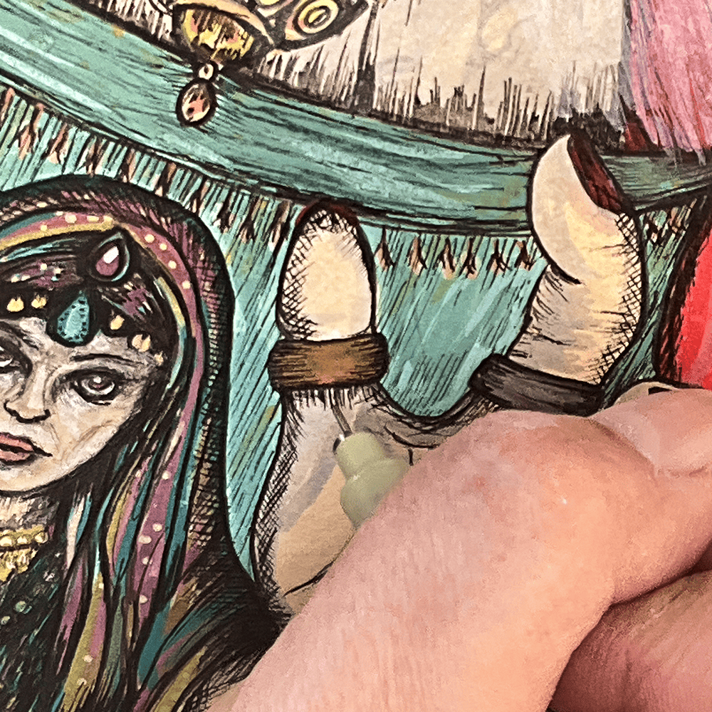 Close-up of the Fortune Teller's face and beaded headdress, drawn line by line