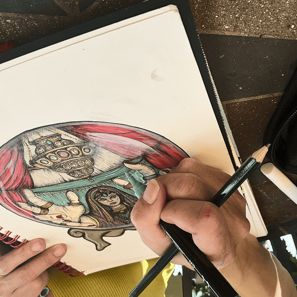 Working the Fortune Teller drawing by hand in a spiral-bound sketchbook