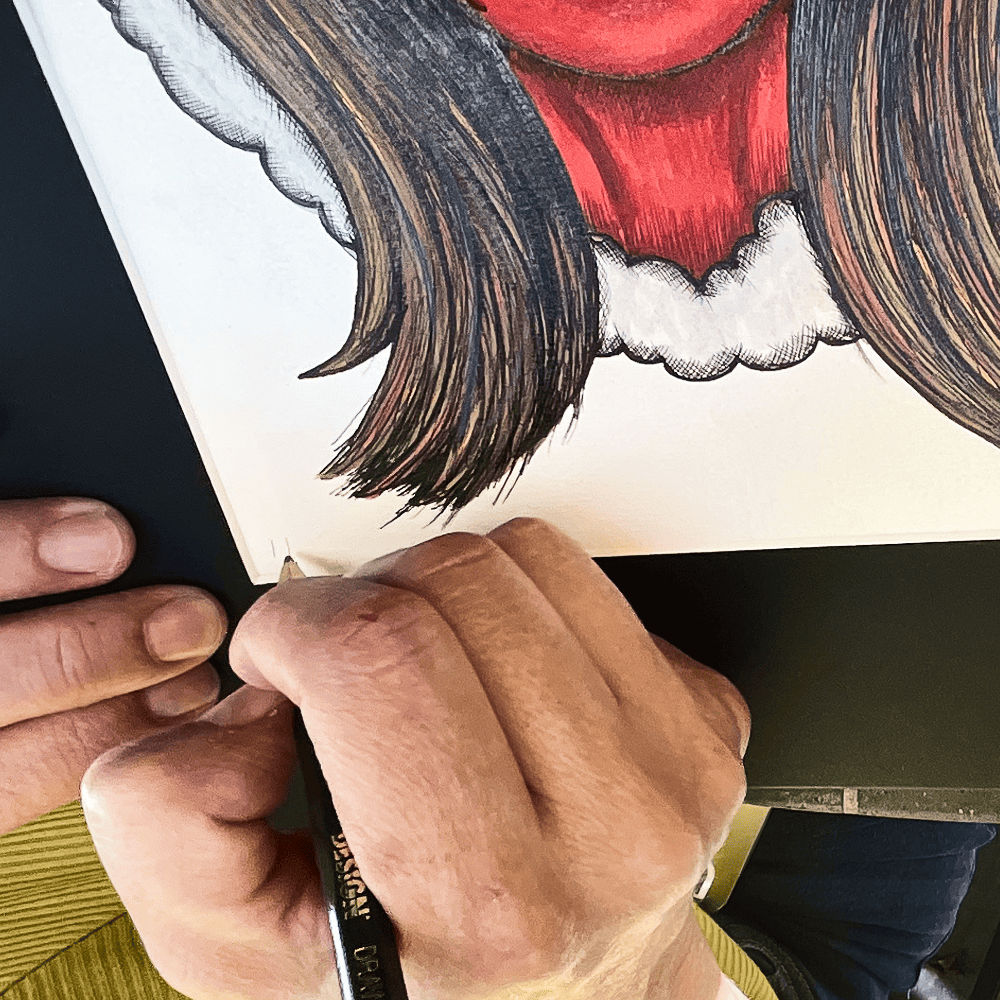 Close-up of the ink hatching in Mama Shilli's hair against the lamb's fleece hood