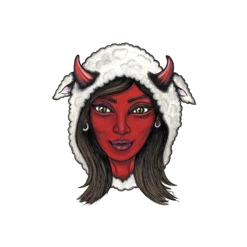 Mama Shilli — hand-drawn portrait of a red-skinned horned woman wearing a lamb's fleece and ears pulled over her head like a hood