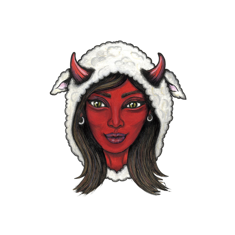 Mama Shilli — hand-drawn portrait of a red-skinned horned woman wearing a lamb's fleece and ears pulled over her head like a hood