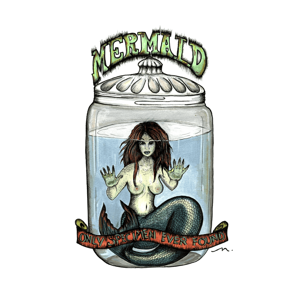 Fiji Mermaid — hand-drawn sideshow oddity, a Fiji mermaid preserved in a specimen jar with a hand-lettered banner