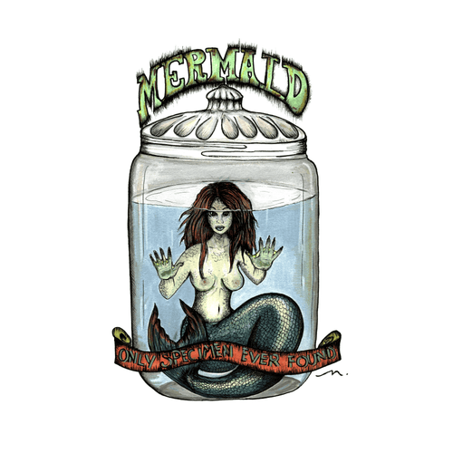 Fiji Mermaid — hand-drawn sideshow oddity, a Fiji mermaid preserved in a specimen jar with a hand-lettered banner