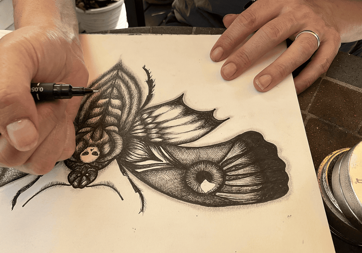 A 0.05mm ink pen drawing the skull marking on the moth's head