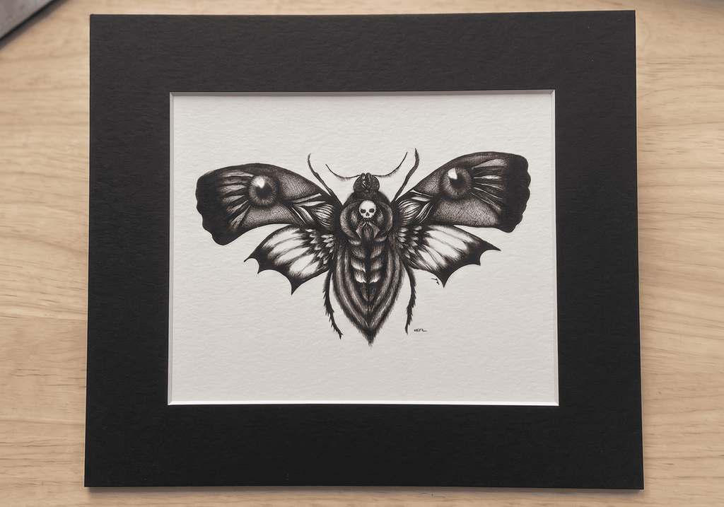 The Death's Head Moth giclée print in its black mat, ready for a standard frame