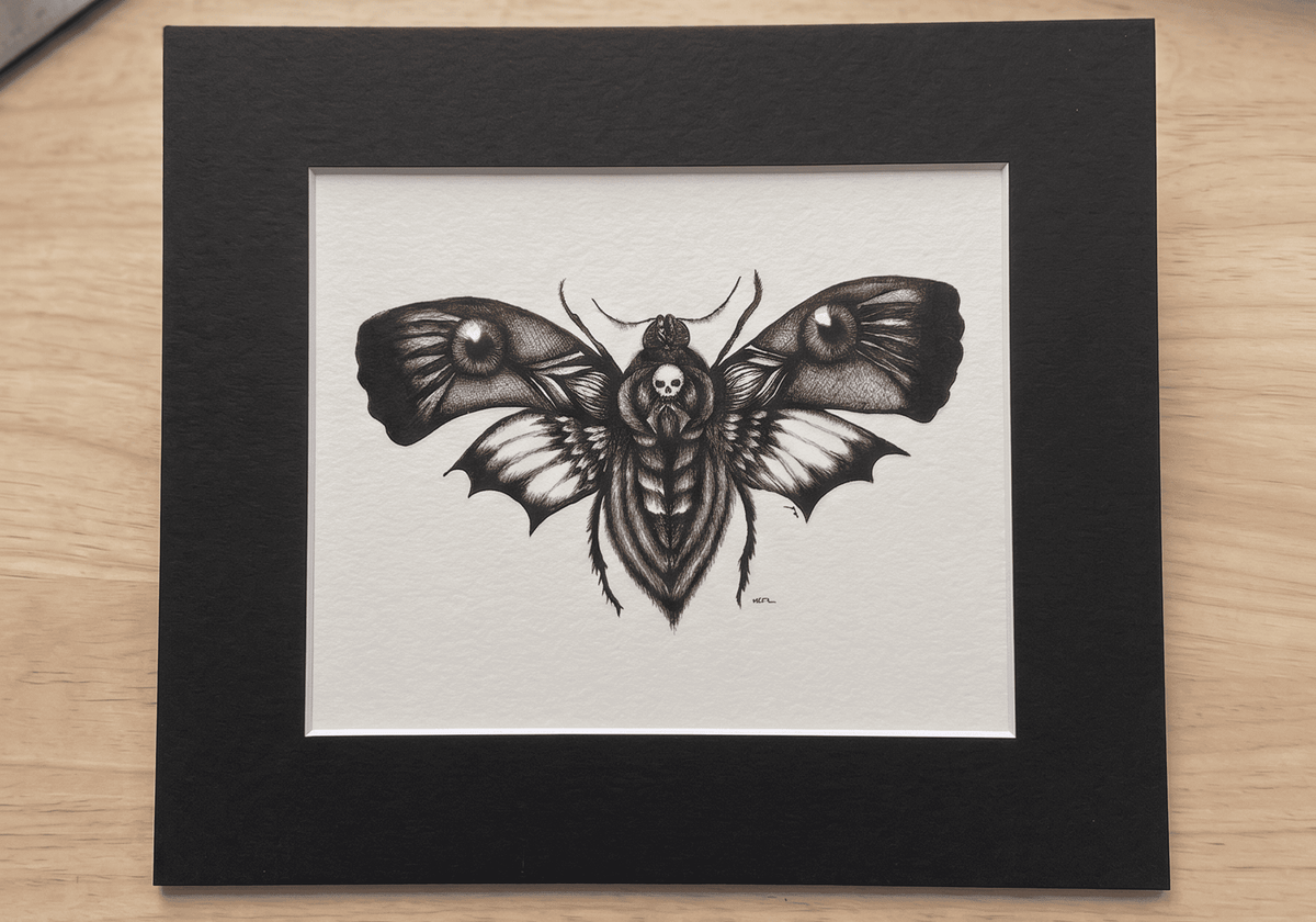 The Death's Head Moth giclée print in its black mat, ready for a standard frame