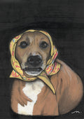 Hand-drawn pen and ink pet portrait of a tan dog wearing a yellow headscarf, on black paper, by Maria Keller
