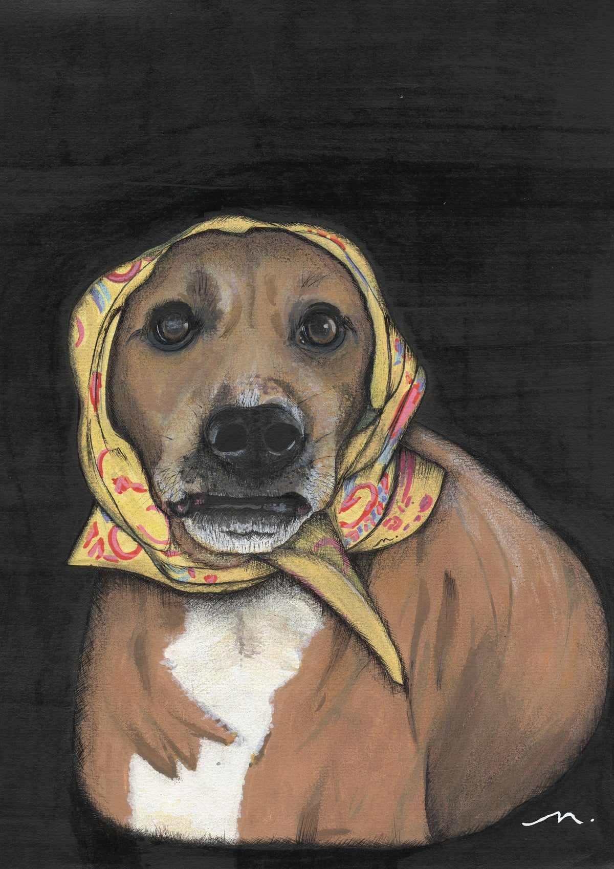 Hand-drawn pen and ink pet portrait of a tan dog wearing a yellow headscarf, on black paper, by Maria Keller
