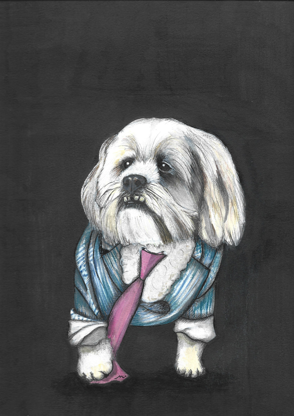 Hand-drawn pen and ink pet portrait of a small shaggy dog in a striped jacket and pink tie, by Maria Keller